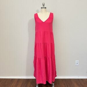QUINCE Maxi Dress Hot Pink Organic Cotton Gauze Tiered Sleeveless